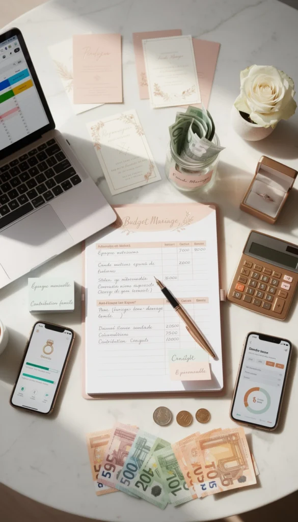 bureau avec un ordinateur, des faires parts, une calculette et un document de budget mariage