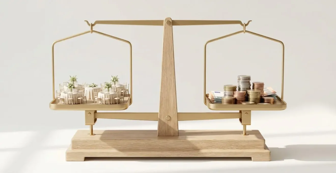 Balance en bois équilibrée avec une maquette de salle de mariage d'un côté et des pièces d'euro de l'autre, symbolisant l'équilibre entre qualité et budget.