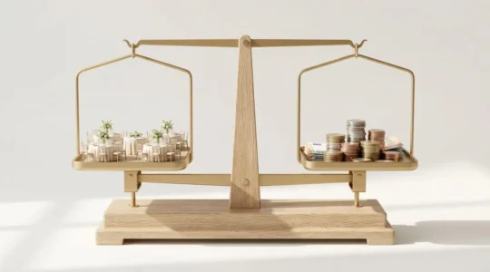 Balance en bois équilibrée avec une maquette de salle de mariage d'un côté et des pièces d'euro de l'autre, symbolisant l'équilibre entre qualité et budget.