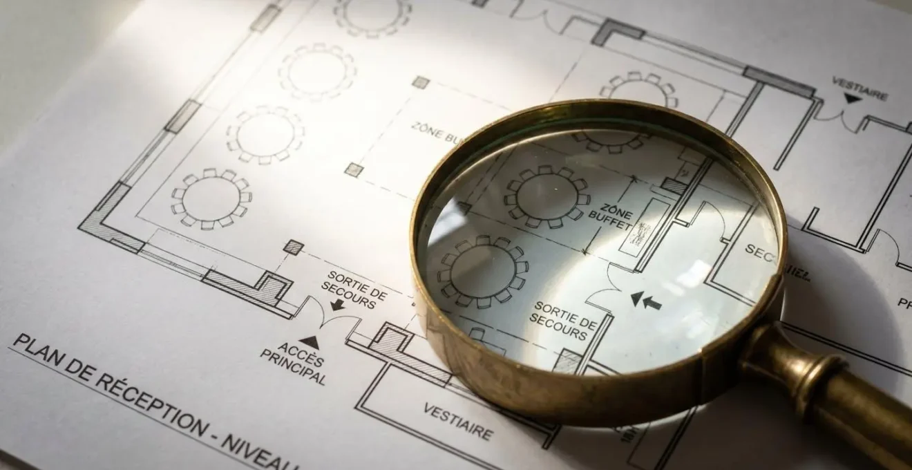 Loupe en laiton posée sur un plan architectural de salle, grossissant les détails techniques et zones stratégiques.